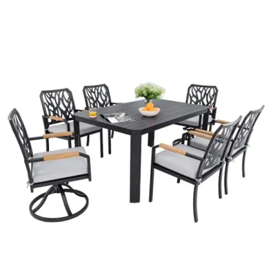 7-Piece Outdoor Patio Aluminum Dining Set with 59" Rectangular Table, 2 Swivel Rocker & 4 Armchairs, and Umbrella Hole image {9}