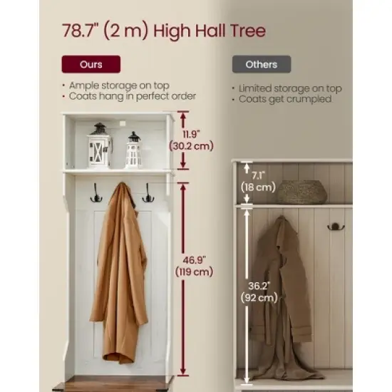 VASAGLE Hall Tree with Bench and Shoe Storage, Coat Rack with Shoe Bench, Entryway Furniture, 3 Tri-Hooks, Door with Handle, Rustic White image {3}