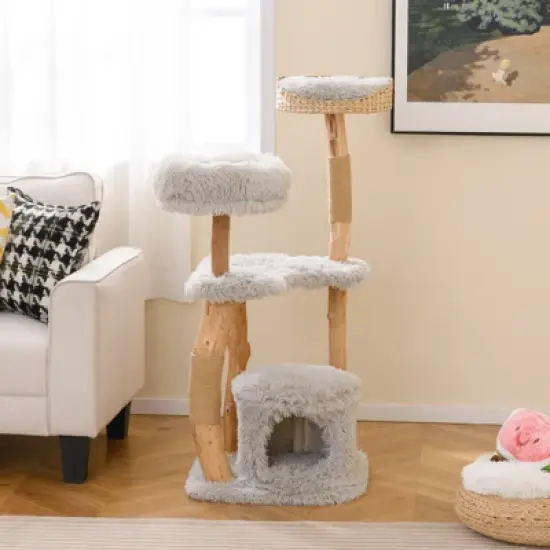 Tangkula 49" Tall Wooden Cat Tree Solid Wood Cat Tower w/ Jute Scratching Posts image {1}
