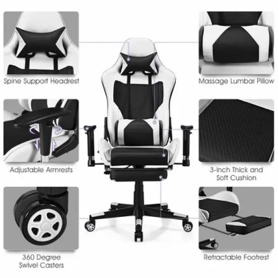 Costway Massage Gaming Chair Reclining Racing Office Computer Chair with Footrest White image {9}