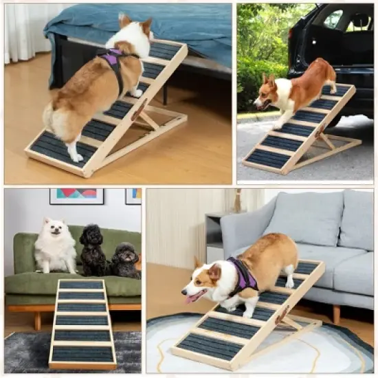 Sandinrayli Folding Portable Wooden Dog Ramp with Non-slip Carpet, 15.75-24 in. H image {9}