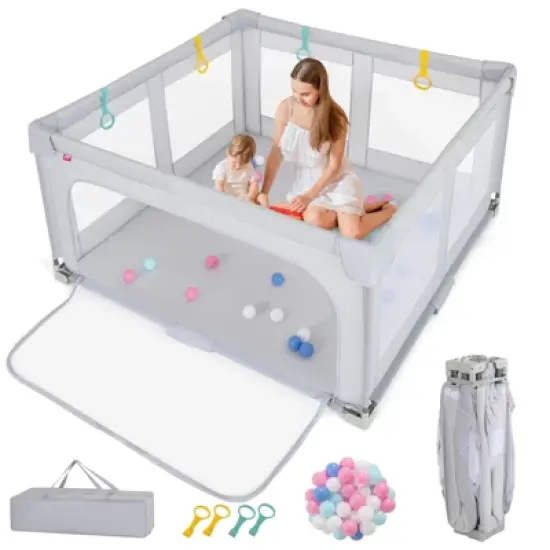 Infans Large Baby Playpen 59" x 59" with Zipper Gate 50 Ocean Balls and 4 Pull-up Rings image {10}