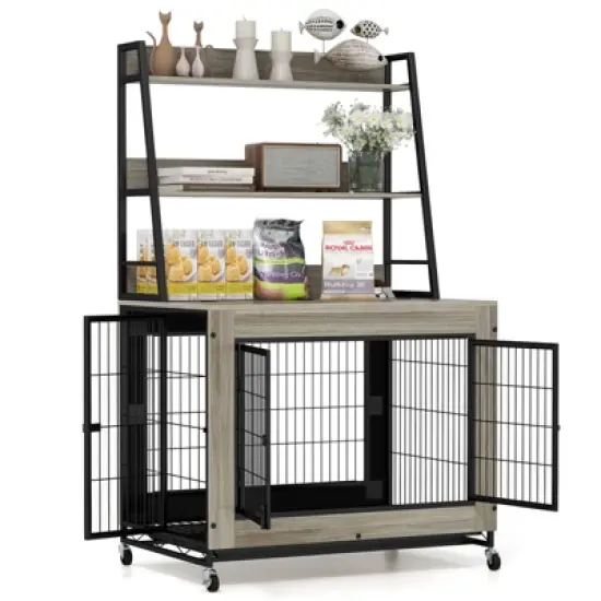 Costway 38&rdquo; Heavy-Duty Dog Kennel on Wheels w/ Pull-out Tray Indoor Pet Furniture Wood Dog House Gray image {10}