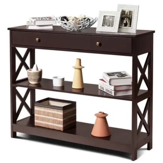 Costway 3-Tier Console Table X-Design Sofa Entryway Table with Drawer & Shelves Gray\ Espresso image {12}