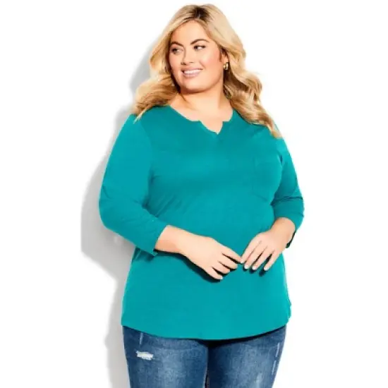 Women's Plus Size Notch Neck 3/4 Sleeve Plain Tee  - Jade | AVENUE image {8}
