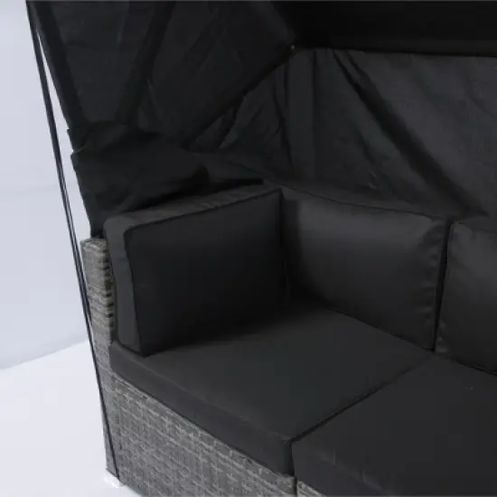 YOOCOZZ Outdoor PE Wicker Daybed & Sectional Sofa with Retractable Canopy and Removable Cushions - Black image {11}