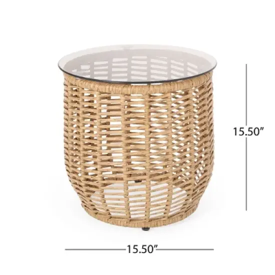 Kumasinova 15.5" Chic Woven Rattan Outdoor End Table with Tempered Glass Table Top,Handcrafted Patio Side Table,Weather-Resistant,Decor Item,Natural image {1}