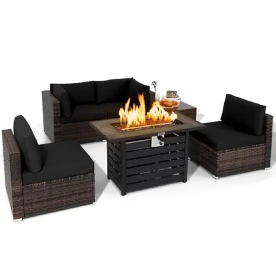 Costway 6PCS Patio Rattan Furniture Set 42'' Fire Pit Table Cover Sofa Cushion Off White/Black/Navy/Red/Turquoise image {2}