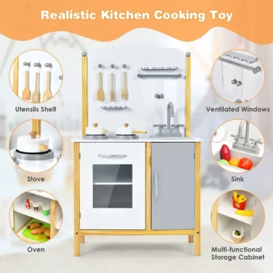 Costway Kids Play Kitchen Set Toddler Pretend Cooking Set w/ Cabinet&Accessories image {4}