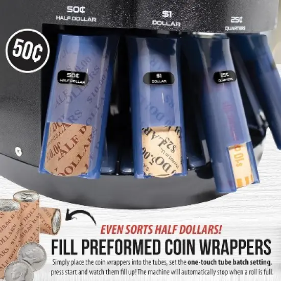 SafeTech Viper V395 Coin Counter, Sorter, and Wrapper, with 48 Preformed Wrappers and Dust Cover in Black image {4}