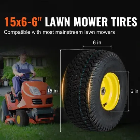 VEVOR Lawn Mower Tires with Rim, 15x6-6" Tubeless Tractor Tires, 2-Pack Tire and Wheel Assembly, S-Turf Pneumatic Tires, 3" Offset Hub, Black image {2}
