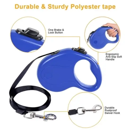 WOPET 16ft Retractable Dog Leash with Anti-Slip Handle & Hand Brake Heavy Duty Durable Pet Leash Blue image {1}