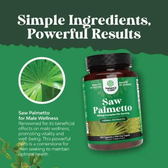Saw Palmetto Capsules, Advanced Hair Health and Urinary Support with Plant Sterols & Flavonoids, Nature's Craft, 200 ct image {3}