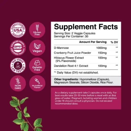 Urinary Tract Support Supplement, High Potency D-Mannose with Cranberry Juice Powder & Dandelion for Urinary Tract Health, Nature's Craft, 60ct image {2}