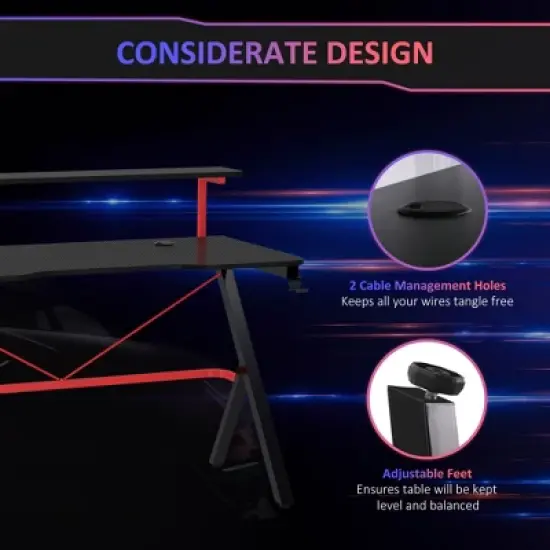 RISOKEYS 47 Inch Gaming Computer Desk, With Elevated Monitor Shelf, Rotatable Cup Holder & Headphone Hook,for Home Office, Games, Study,(Table only) image {3}