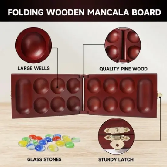 GSE Folding Wooden Mancala Board Game with Multi-Color Glass Stones and Storage Bag, Travel Game - Oak/Mahogany image {2}