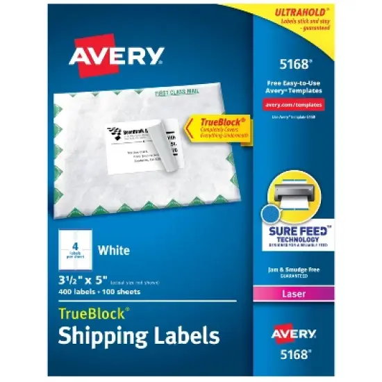 Avery Printable Shipping Labels with Sure Feed, 3-1/2" x 5", White, 400 Blank Mailing Labels for Laser Printers (5168) image {9}