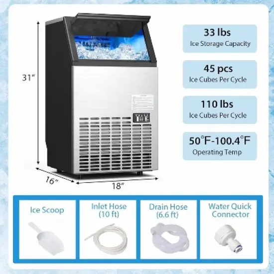 Costway Built-In Stainless Steel Commercial 110Lbs/24H Ice Maker Portable Ice Machine image {2}