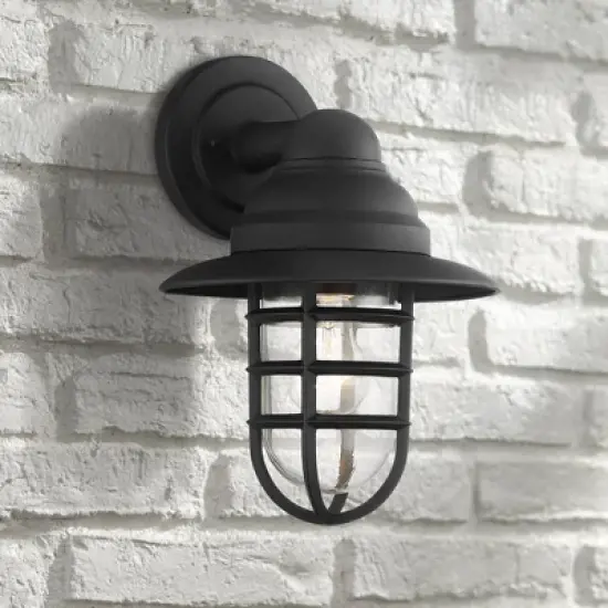 John Timberland Marlowe Rustic Industrial Farmhouse Outdoor Wall Light Fixture Black Hooded Cage 13" Clear Glass for Post Exterior Barn Deck House image {1}