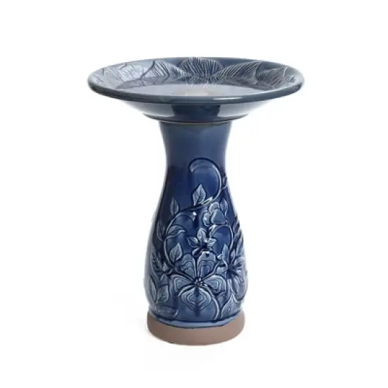 LuxenHome 22" Elegant Tall Ceramic Bird Bath for Outside with Floral Pattern, Deep Blue image {8}