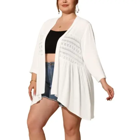 Agnes Orinda Women's Plus Size 3/4 Sleeve Lace Panel High-Low Hem Trendy Beach Cardigans image {5}