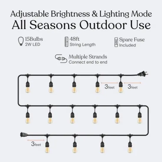 Brightech 15-Bulb LED Ambience Pro 2W 48ft 3000K S14 Indoor Outdoor Plug-in Hanging String Lights Spiral Filament Bulb Black Wire image {2}