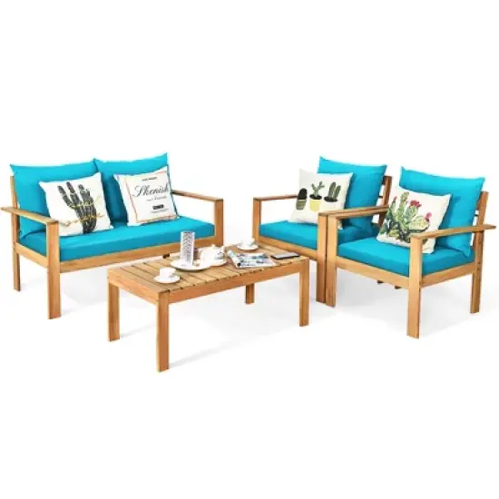 Costway 8PCS Patio Furniture Set Acacia Wood Thick Cushion Loveseat Sofa Off White\Turquoise\Grey image {7}