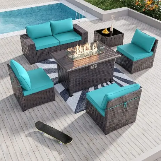 ALAULM 7 Pieces Outdoor Patio Furniture Set with 43" Gas Propane Fire Pit Table PE Wicker Rattan Sectional Sofa image {10}