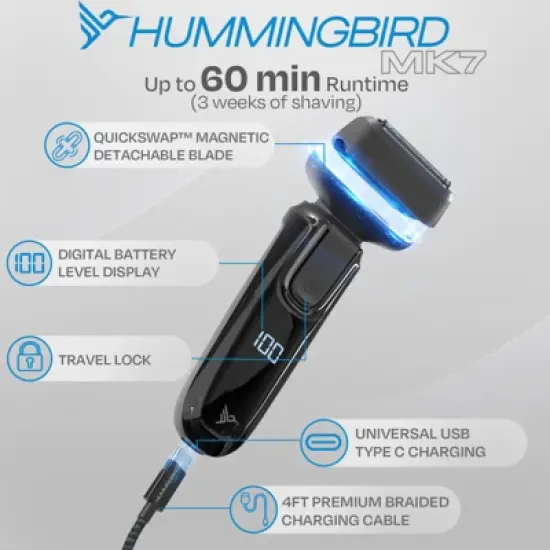 HUMMINGBIRD MK7 Premium Foil Face Shaver, Four Blade Foil Shaver with Long Hair Leveler, Waterproof Wet & Dry Shave, Rechargeable, Travel Case image {4}