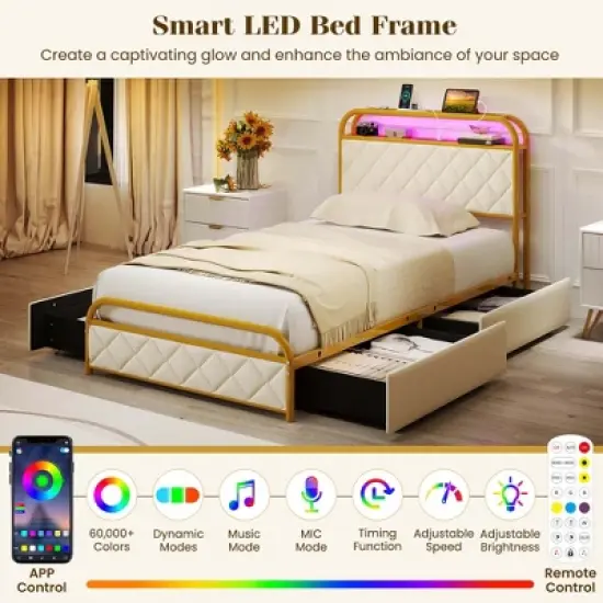 Costway Twin/Full/Queen Size Bed Frame with LED Lights & Charging Station Storage Headboard & Drawers Golden image {6}