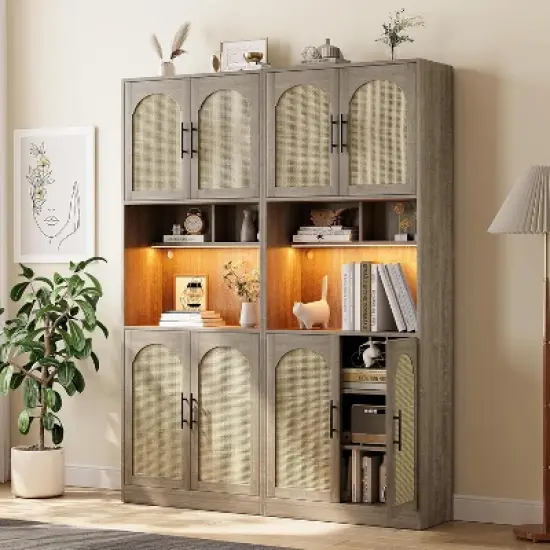 71" Pantry Cabinet, Tall Kitchen Hutch with Led Lights, Freestanding Kitchen Cabinet with Microwave Shelf, for Dining Room, Bathroom, Living Room image {7}