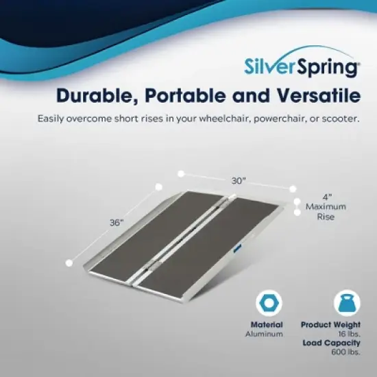 Silver Spring Mobility and Utility Ramp, 3 Foot Long Single Folding Textured Grit Traction Surface, 600 lb Capacity with 2 Inch Side Rails, Silver image {2}