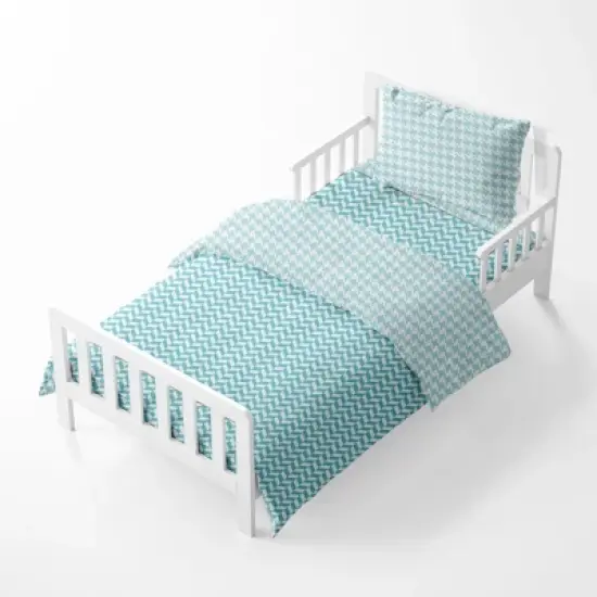 Bacati - Houndstooth/Herringbone Aqua Unisex Muslin 4 pc Toddler Bedding Set image {1}