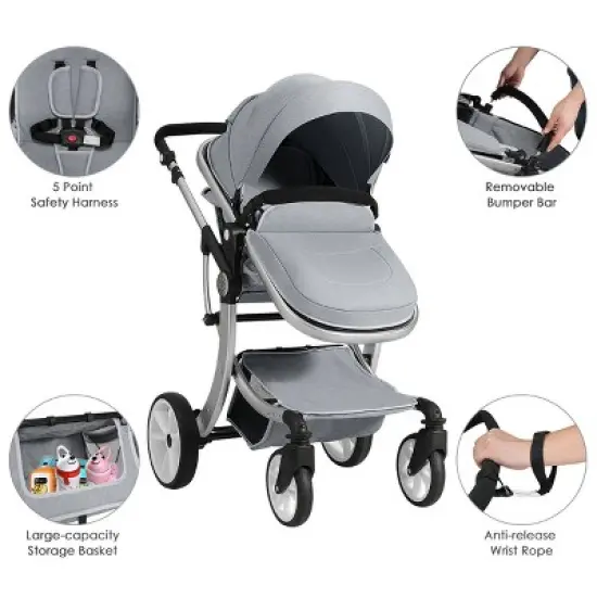 Infans Folding Aluminum Infant Reversible Baby Stroller W/ Diaper Bag Grey image {3}