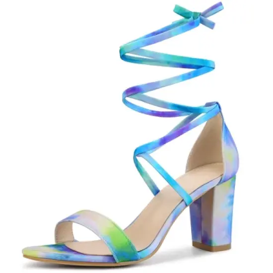 Allegra K Women's Tie Dye Lace Up Strappy Chunky Heels Sandals image {7}