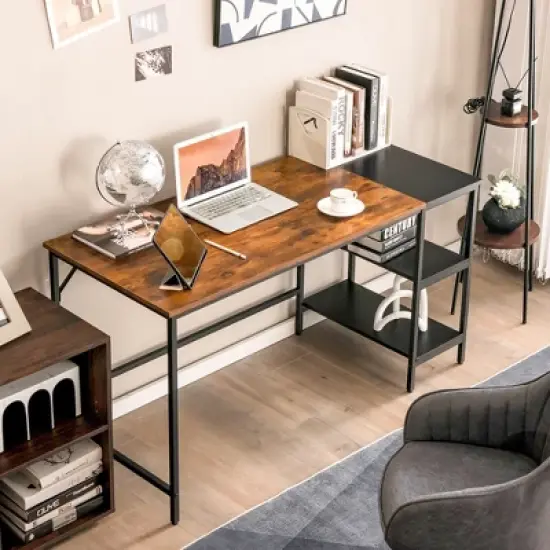 Costway 55'' Computer Desk Writing Workstation Study Table Home Office with Bookshelf Black/Rustic image {1}
