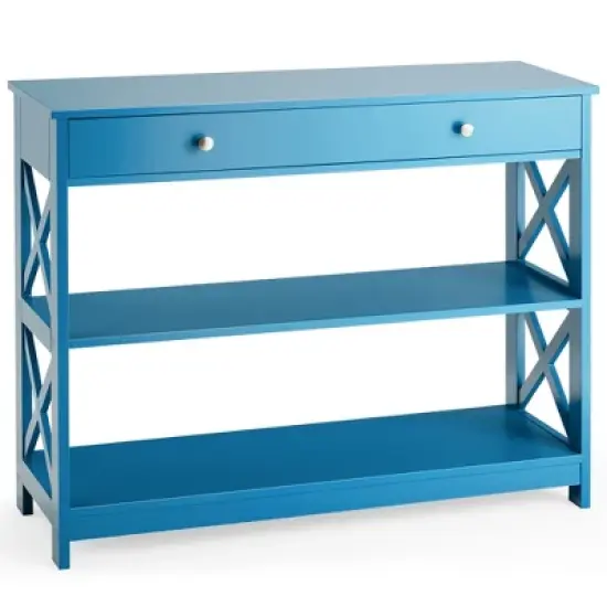 Costway 3-Tier Console Table X-Design Sofa Entryway Table with Drawer & Shelves Gray\ Espresso image {15}