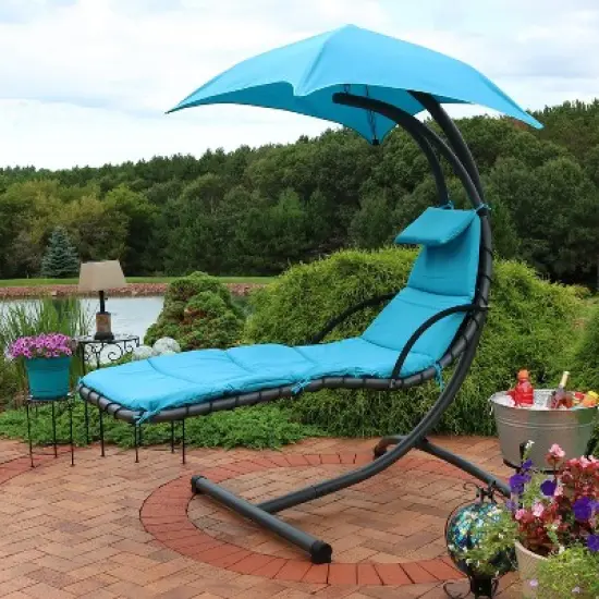 Sunnydaze Outdoor Hanging Chaise Floating Lounge Chair with Canopy Umbrella and Arc Stand image {5}