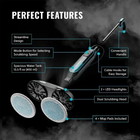 PurSteam ScrubMaster Steam Mop with Dual Scrubbing Head, LED Headlights, Adjustable Steam Control, Anti-Slip Swivel Head, Cable Holder & Upright Lock image {8}