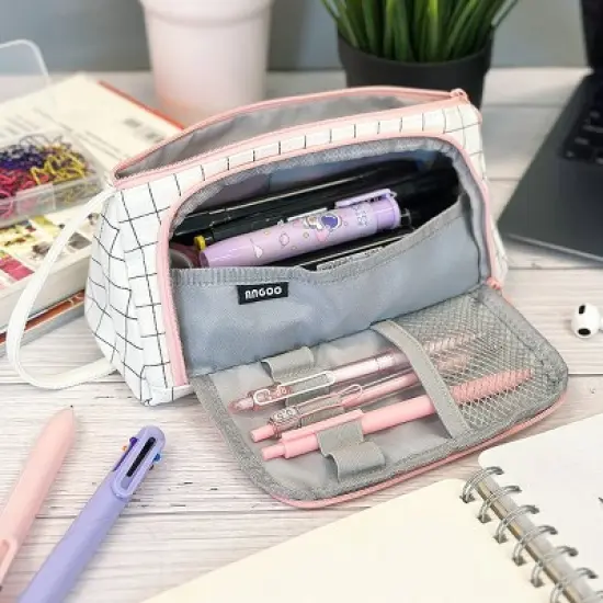 Wrapables Large Capacity Pencil Case, Portable Pencil Pouch for Stationery Office Supplies, Pink & White image {3}
