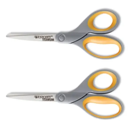 Westcott Titanium Bonded Scissors, 8" Long, 3.5" Cut Length, Gray/Yellow Straight Handles, 2/Pack image {6}
