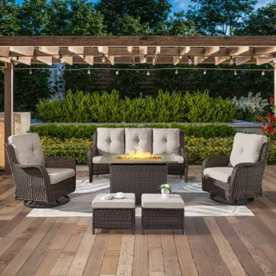 POCASSY 5-Piece Patio Furniture Set with Fire Pit Table, Brown Wicker Outdoor Fire Pit Set With Patio Sectional Sofa, Swivel Chair, Rattan Footrest image {12}