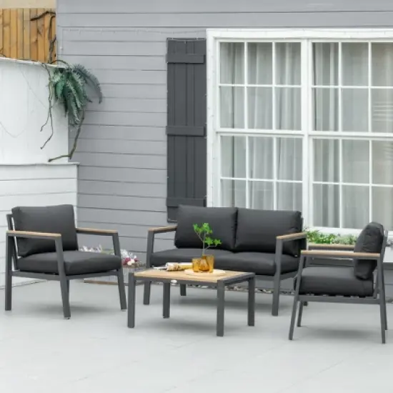 Outsunny 4 Piece Patio Furniture Set Aluminium Conversation Set Outdoor Garden Sofa Set w/ Loveseat, Center Coffee Table & Cushions, Gray image {2}