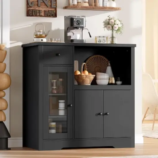 Kitchen Microwave Cabinets with Storage, Buffet Cabinet Sideboard with 3 Doors,1 Drawer and Adjustable Shelves, Pantry Storage Cabinet for Kitchen image {7}