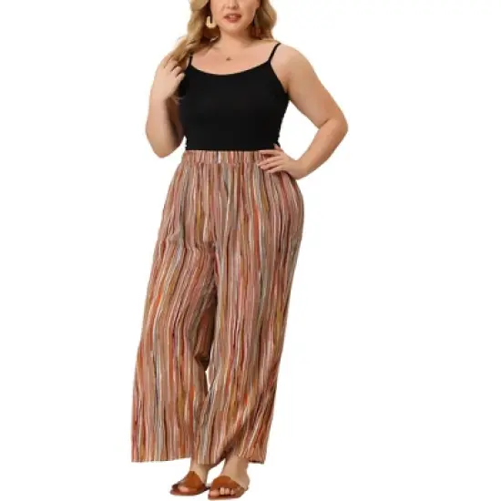 Agnes Orinda Women's Plus Size Boho Palazzo Lounge Wide Leg Pants with Elastic Waist and Stripe image {6}