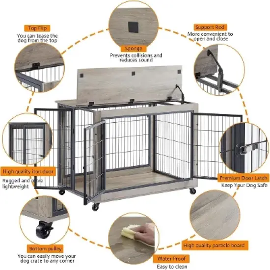 Acekool Wooden Dog Crate - Heavy Duty Furniture Style Kennel with Wheels & Double Doors image {7}