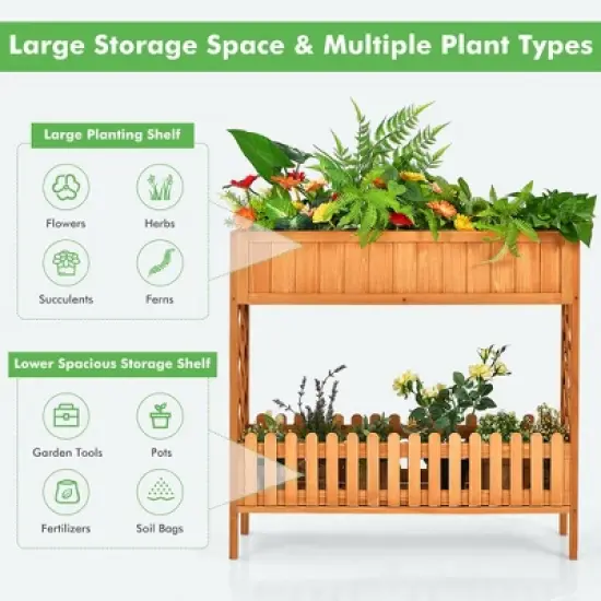 Costway 2-Tier Raised Garden Bed Elevated Wood Planter Box for Vegetable Flower Herb image {6}