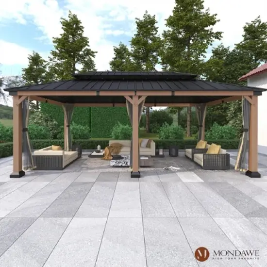 Mondawe 12x20Ft. Outdoor Solid Wood Frame Patio Gazebo Galvanized Steel Hardtop with Netting image {1}