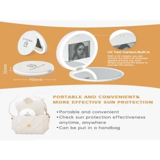 Fenchilin Travel Compact Mirror with UV Camera for Sunscreen Test, 2X Magnification Portable Lighted Mirror for Handbag Pocket, 3.5 Inch image {1}