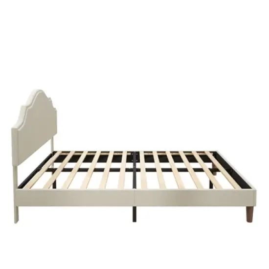 Queen/King Size Upholstered Platform Bed Frame with Adjustable Headboard, Linen Fabric Padded, No Box Spring Needed, Beige-ModernLuxe image {9}